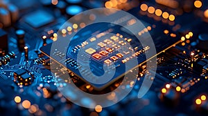 Close-up of a computer processor chip on a circuit board with glowing lights