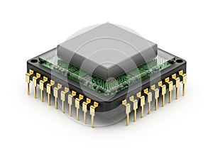 Close up of a computer processor chip isolated on white background