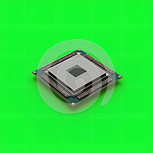 Close up of a computer processor chip on a vibrant green background