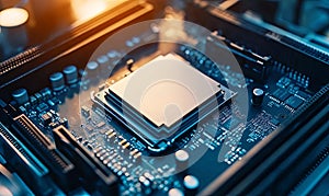 Close-up of a computer processor on a circuit board. High-tech, modern electronic components. Advanced integrated circuits.