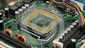 Close-up of a computer processor on a circuit board