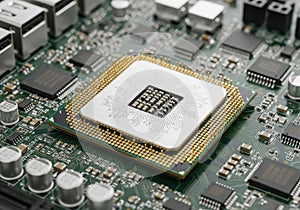 A close-up of a computer processor on a circuit board