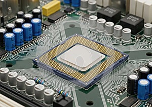 A close-up of a computer processor on a circuit board