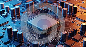 Close up of a computer processor and electronic components on a circuit board