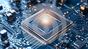 Close-up of a computer processor with a glowing central chip, symbolizing technology, innovation, and processing power