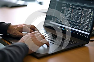 Close up of Computer programmer working on laptop