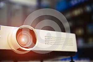 Close-up computer projector on table boardroom or meeting room