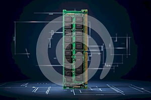 Close-up of a Computer RAM Module on a Blueprint Background