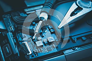 Close up computer repair and service maintenance