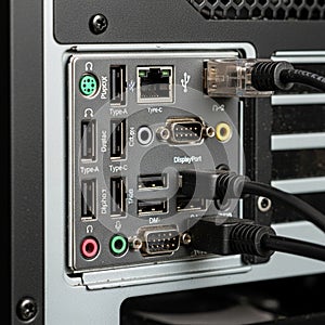 Close up of a computer s back panel featuring multiple ports