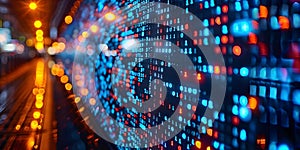 Close-up of computer screen with blue binary code symbolizing technology, coding, and