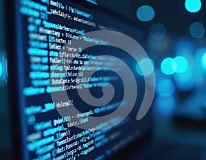 Close-up of computer screen with blue code. Programming, software development, cybersecurity concept. Tech datum, network, online
