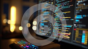 Close-up of Computer Screen with Colorful Code in Modern Developer Workspace