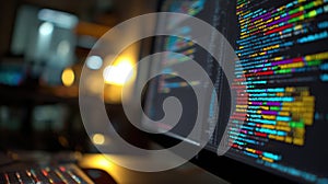 Close-up of Computer Screen with Colorful Code in Modern Workspace