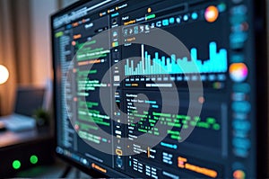 Close-up of computer screen with data analytics and code in modern workspace