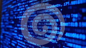 Close-up of a Computer Screen Displaying Binary Code