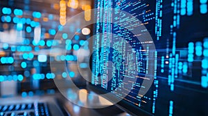 Close-up of a computer screen displaying code in a modern office