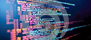Close-up of computer screen displaying colorful lines of code, representing programming language syntax, software development,