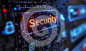 Close-up of a computer screen displaying a pixelated Security icon and cursor, emphasizing the importance of cybersecurity in the