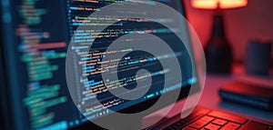 Close-up of computer screen displaying programming code, software development. Programmer work at home, coding, cyberspace.