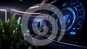 Futuristic computer screen shows global data.
