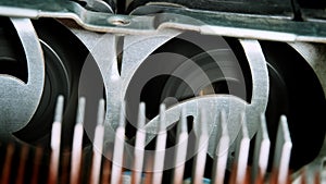 Close-up of a computer server cooling system. The fans start spinning when the server starts up