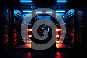 close-up of computer server lights flickering in a dark room