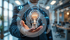 human hand holding a glowing light bulb, surrounded by digital AI holograms and data elements