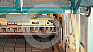 Close-up of a concrete road curbs at the factory for the production of cement products, paving slabs, construction