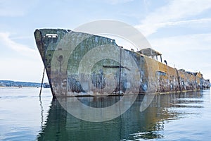 Close up of a concrete ship that is part of the breakwater in Powell River ,British Columbia