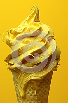 A close up of a cone with yellow icing on it, AI