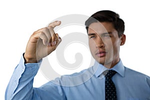 Close up of confident young businessman touching interface