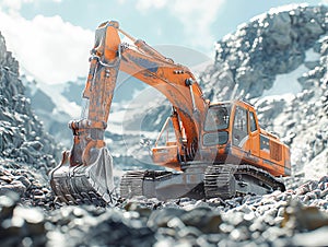 Close-up of a construction excavator working in a quarry.