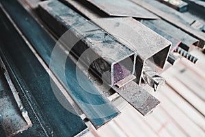 Close up of construction metals on a shelf in the warehouse of a factory. To be used in construction and building.