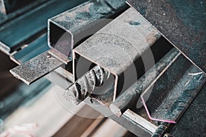 Close up of construction metals on a shelf in the warehouse of a factory. To be used in construction and building.