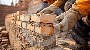 Close-up of a Construction Worker's Hands Laying Bricks in Mortar