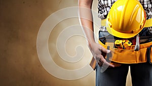 Close up of construction worker with tool belt and helmet on brown background