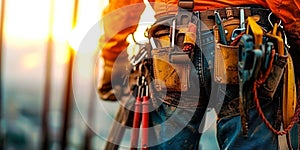 Close-up of construction workers tool belt with various tools on a high-rise construction site at sunset, showcasing industry