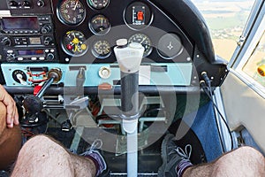 Close up of control panel in cockpit of small four seat airplane