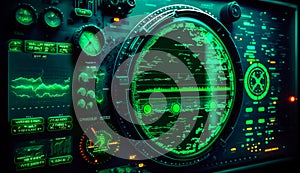 Close up of control panel in dark room. Generative AI