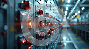 Close-up of a control panel with red switches and glowing lights in a modern industrial facility