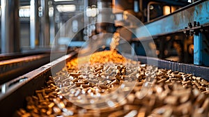 Close-up of a conveyor belt in a wood pellet production facility photo