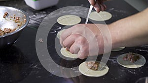 Close-up of cook preparing dumplings with minced meat. Art. Cooking traditional dumplings by professional chef in