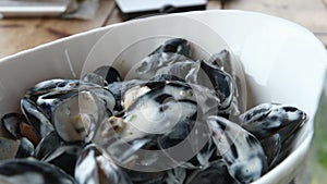 Close-up of cooked mussels with shells on a white plate. Panorama. High quality 4k footage