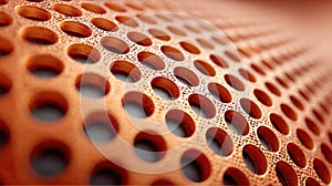 Close-up of a copper metal surface with a pattern of circular holes.