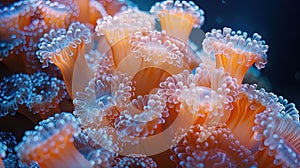 A close up of a coral reef with many orange and white flowers