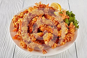 Close-up of corn flakes breaded deep-fried shrimps