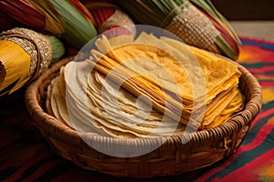 close-up of corn and flour tortillas in woven basket