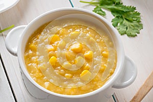 Close up, Corn soup in white bowl