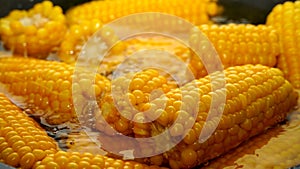 Close-up corns boiling in a pot